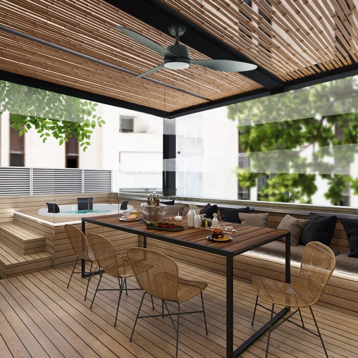 מאוורר תקרה לפרגולה 52″ Palma כולל שלט ותאורה בצבע שחור, מנוע DC