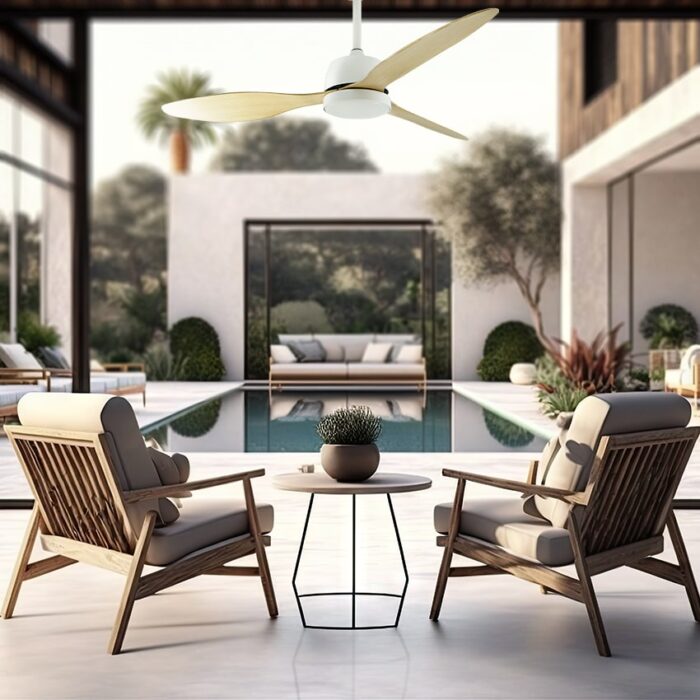 מאוורר תקרה לפרגולה 52″ Palma כולל שלט ותאורה בצבע לבן/עץ, מנוע DC