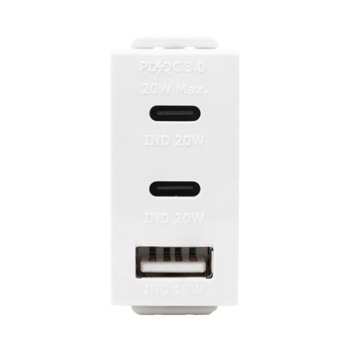 מטען 3 יציאות USB 2C+A PD 20W לבן 1 מודול ניסקו סוויץ'