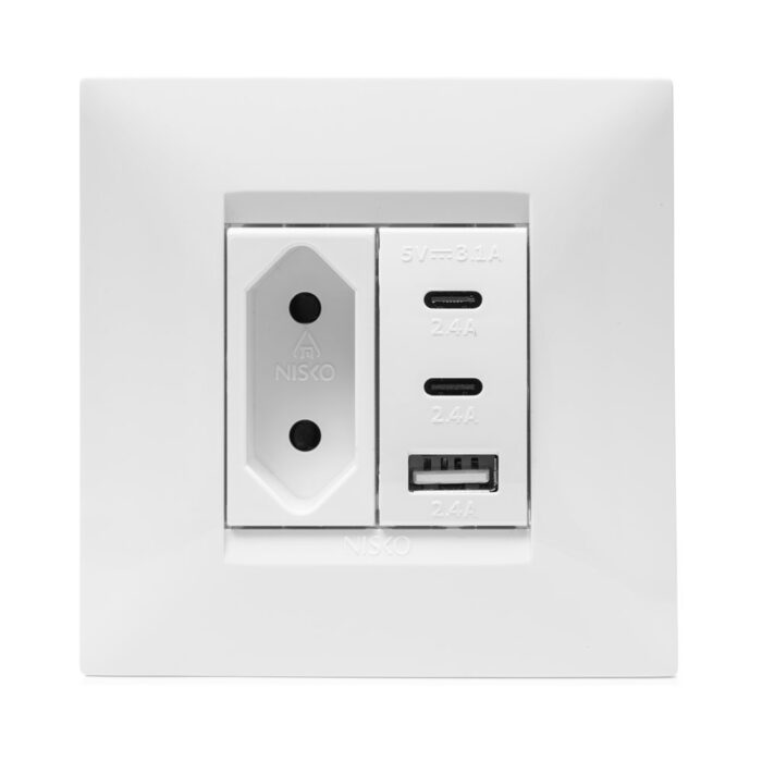 מארז טריפל USB עם שקע דו פיני לקופסא 55, מתאם ומסגרת BE לבנה ניסקו סוויץ'