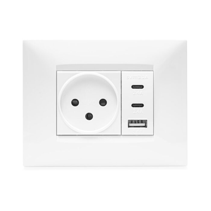 מארז טריפל USB 2C+A PD 20W, שקע כח, מתאם ומסגרת BE לבנה 3 מודול ניסקו סוויץ'